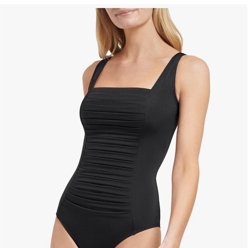 Calvin Klein Black pleated panel Swimsuit with Gold Accent size 8